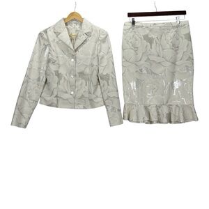Anna Molinari Italy Floral Jacquard Blazer Skirt Suit Set Metallic Silver 10